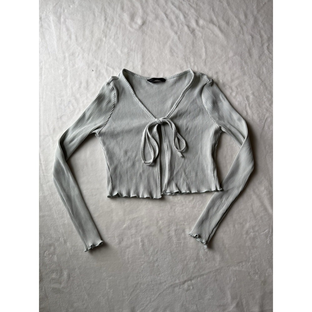 Shein Ribbed Knit Cropped Cardigan Tie Front Size 8 Cotton Stretch Y2K
